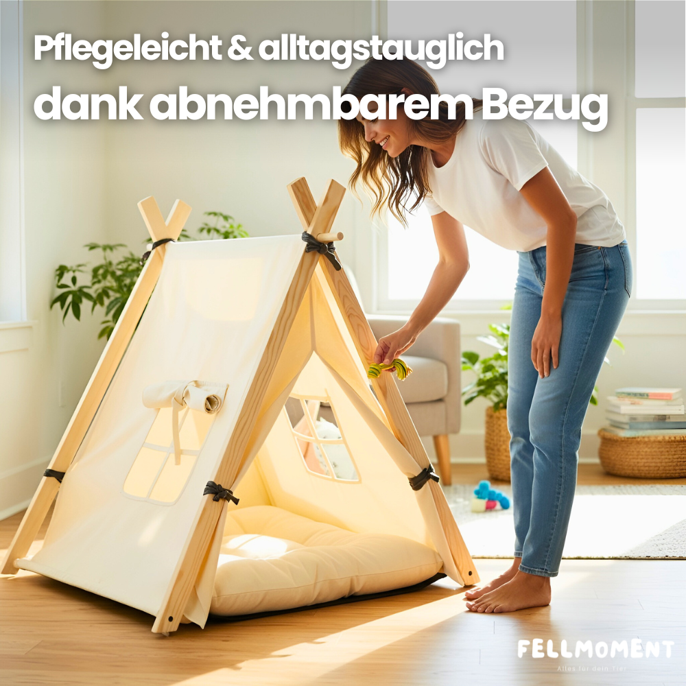Stylish. Sauber. Platzsparend. – Das Tipi-Zelt für Katzen & Hunde.