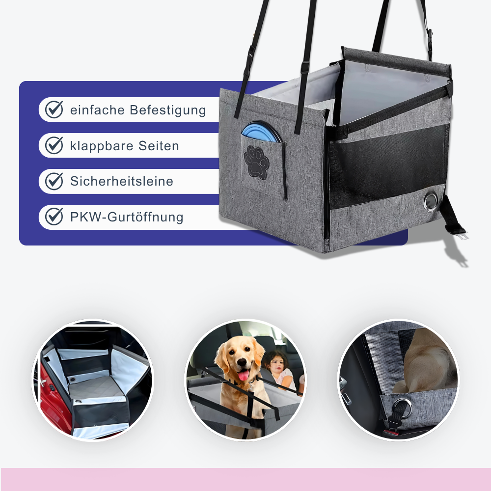 Sicher. Bequem. Platzsparend. – Der Autositz für Hunde & Katzen.